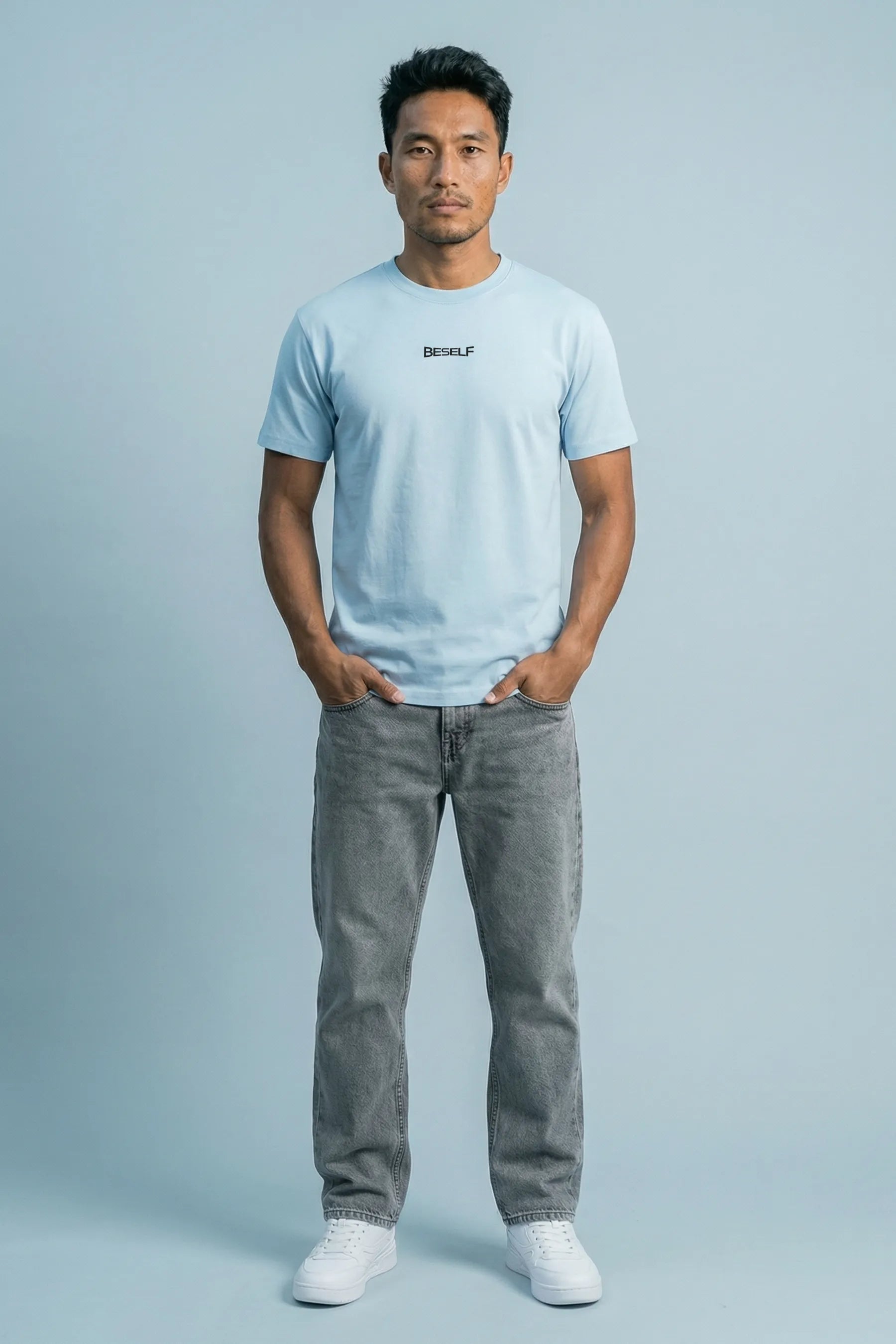Baby Blue Cotton Stretch T-Shirt for indian Men | Flexible Regular Fit Tee